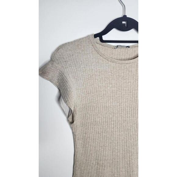 Zara Dress Womens Large Beige Ribbed Knit Sweater Short Sleeve Bodycon Midi - Picture 4 of 5